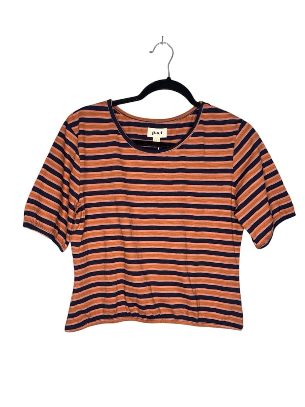 Pact women's S stripes organic cotton boxy elastic hem top boho skater beach